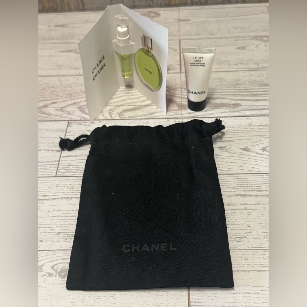 Chanel Black Drawstring Pouch with Skincare Samples